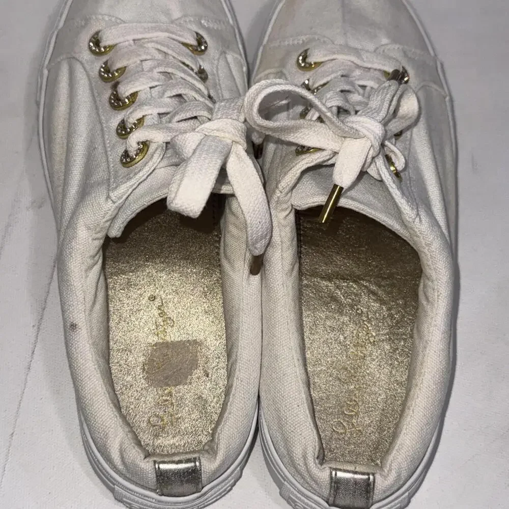 Lilly Pulitzer White Preppy Minimalist Old Money Gold Accents Mule Sneaker Sz 10
